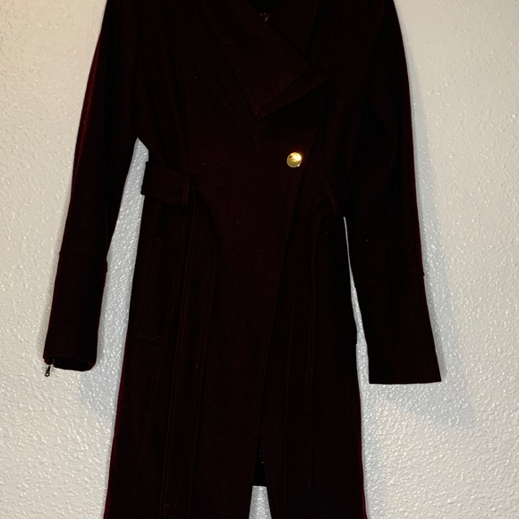 GUESS Burgundy Wrap Coat Gold Buttons | Lined Statement Jacket - Picture 4 of 5